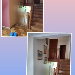 Usługi Wykończeniowe Łukasz Wielądek - Klatka schodowa w domu po odświeżeniu, ściany pomalowane na biało i beżowo, drewniane schody i balustrada, obrazy w złotych ramach wiszące na ścianach.