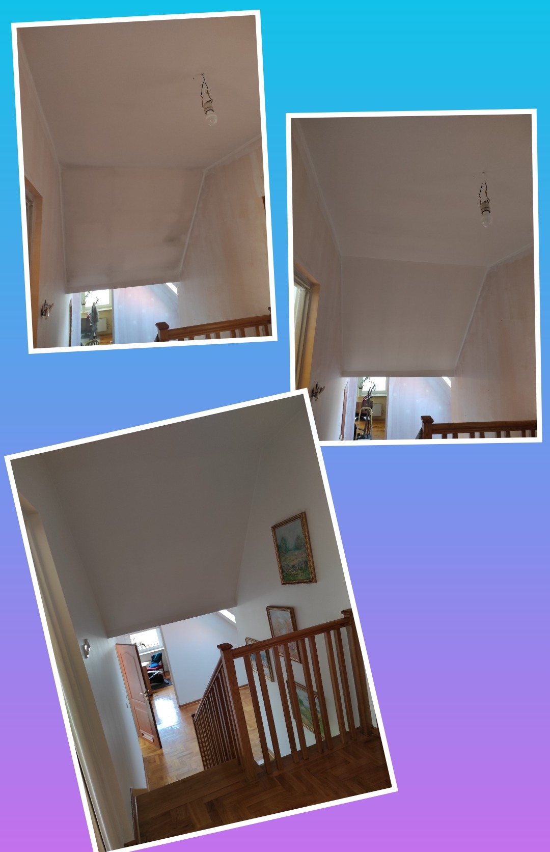 Klatka schodowa w trakcie malowania: surowe ściany przygotowane do malowania, widoczne przewody żarówki, drewniana balustrada schodów, w tle drzwi i obrazy na ścianie.