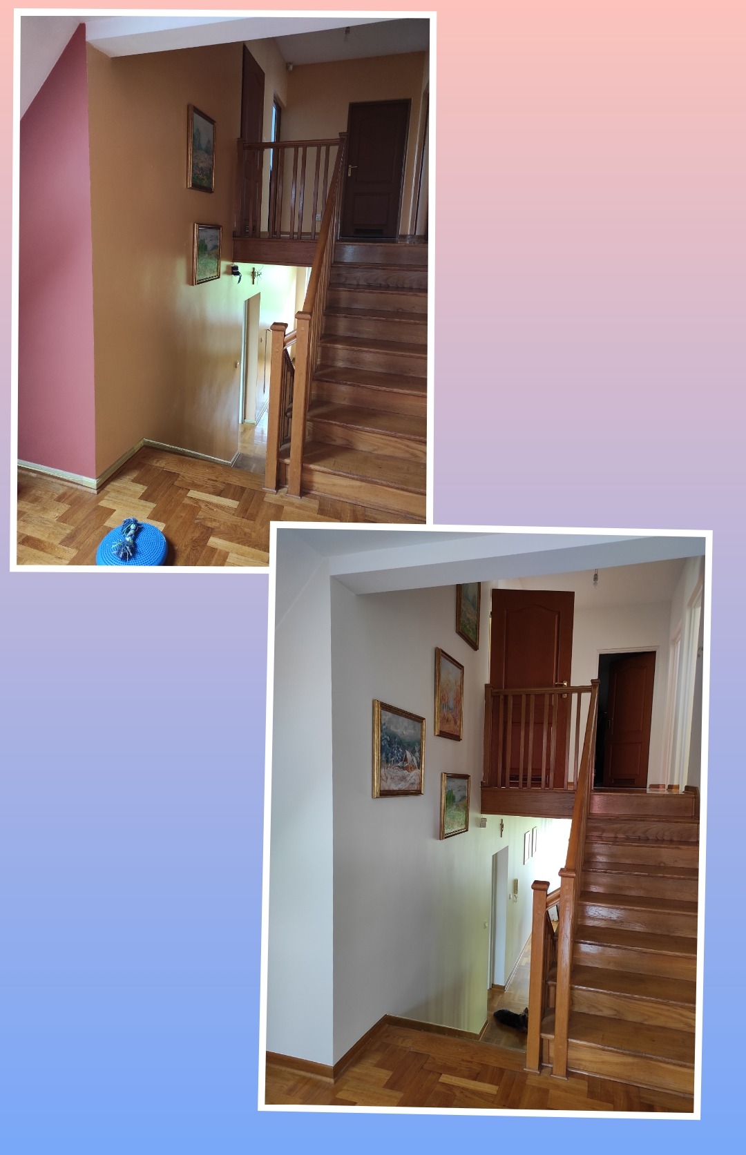 Klatka schodowa w domu po odświeżeniu, ściany pomalowane na biało i beżowo, drewniane schody i balustrada, obrazy w złotych ramach wiszące na ścianach.