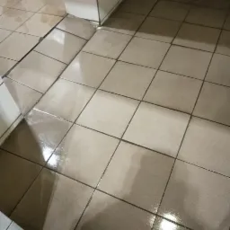 Brudna, mokra podłoga z płytek w rogu pomieszczenia, widoczne ciemne fugi i ślady po wodzie.