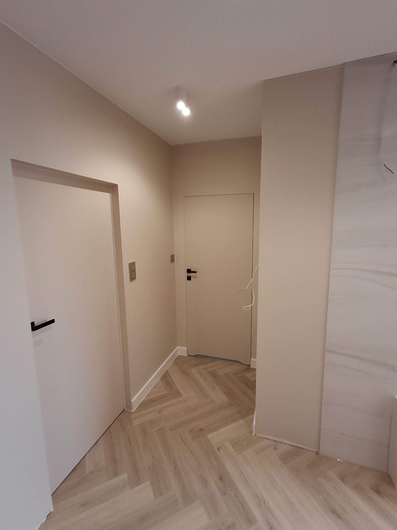 Korytarz po odświeżeniu, z jasnymi ścianami, dwiema parami drzwi z czarnymi klamkami, podłogą w jodełkę i minimalistycznym oświetleniem punktowym.