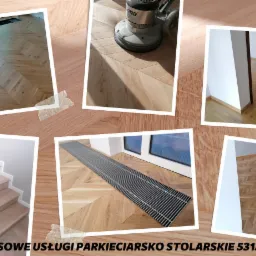 Kompozycja zdjęć przedstawiająca różne etapy prac parkieciarskich: układanie parkietu w jodełkę francuską z wkomponowaną kratką wentylacyjną, cyklinowanie parkietu maszyną, schody z jasnego drewna...