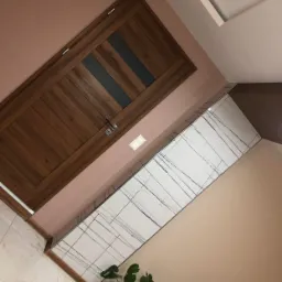 Wykończona łazienka z drewnianymi drzwiami z szybami, marmurowymi płytkami na ścianie i podłodze oraz roślinami doniczkowymi w rogu.