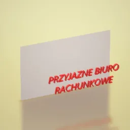 Grafika 3D przedstawiająca kartkę z napisem 'Przyjazne Biuro Rachunkowe' w czerwonych, trójwymiarowych literach na rozmytym, żółtym tle.