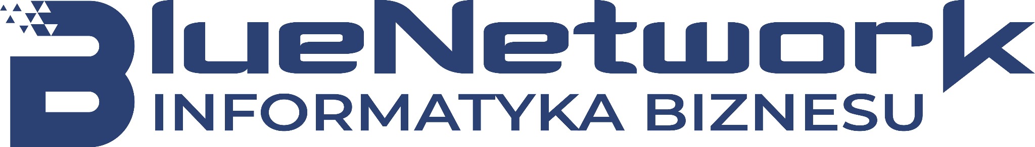 Logo firmy BlueNetwork Informatyka Biznesu w kolorze granatowym na białym tle. Charakterystyczny znak graficzny z lewej strony litery 'B' oraz strzałka w nazwie Network.