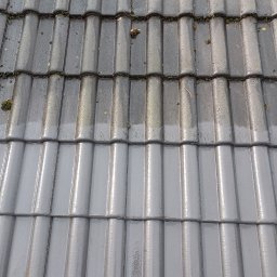 Daniel Dubis - Częściowo umyty, szary dach z dachówki ceramicznej, widoczne ślady mchu i zabrudzeń. Górna część dachu jest brudna, dolna czysta. Ujęcie z góry.