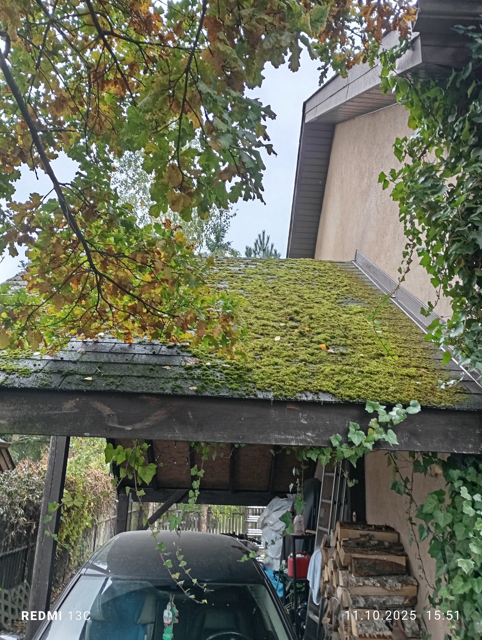 Zarośnięty mchem dach z bitumicznej dachówki, widoczny z perspektywy z dołu, z fragmentem zadaszenia i samochodu. W tle ściana budynku i drzewa.