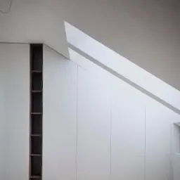 Biała szafa w skosie poddasza z ciemnobrązową wnęką regałową po lewej stronie, oświetlona ukośnym promieniem światła słonecznego.