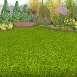 Wizualizacja projektu ogrodu z drewnianą ławką, okrągłym placykiem, żywopłotem z tuj oraz rabatami z kwitnącymi roślinami i trawami ozdobnymi.