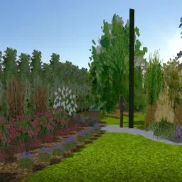 Wizualizacja ogrodu z rzędem strzyżonych żywopłotów, rabatami kwiatowymi w odcieniach fioletu i różu oraz ścieżką z jasnych płyt prowadzącą przez trawnik.