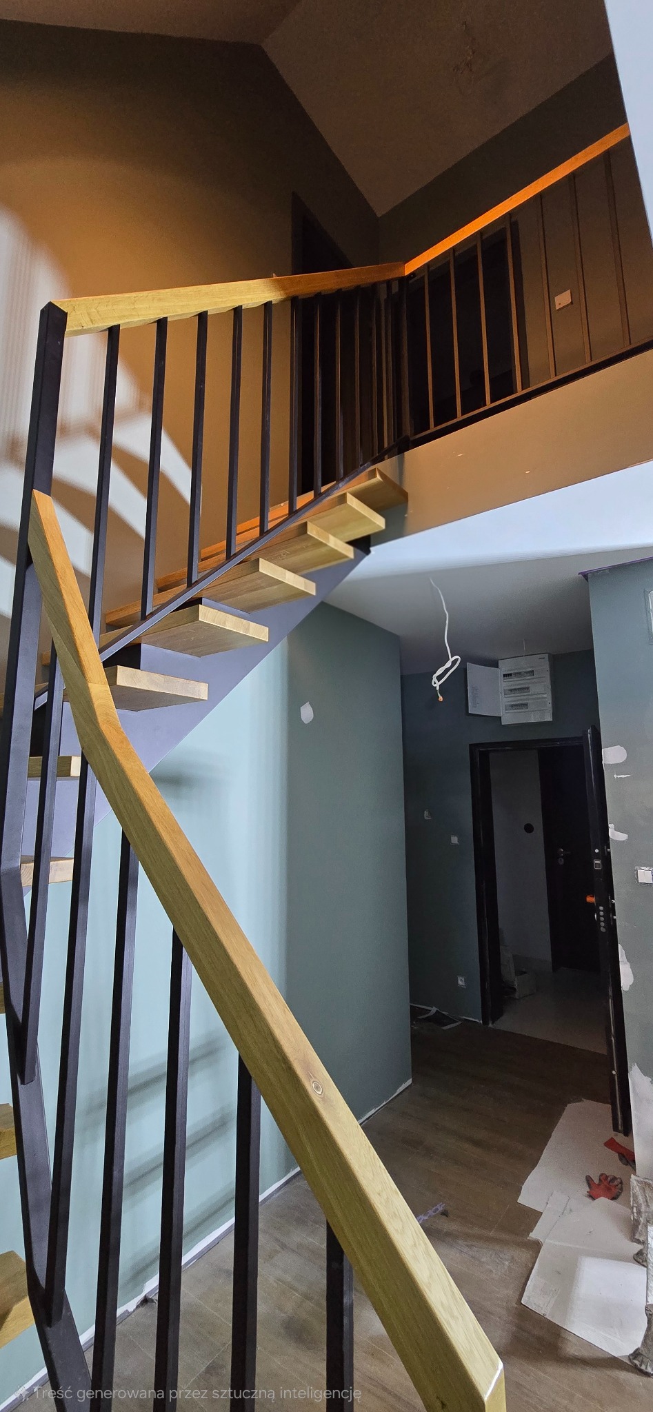 Nowoczesne schody z drewnianymi stopniami i czarną metalową balustradą, widok z dołu, w tle szara ściana i drzwi. Minimalistyczny design.