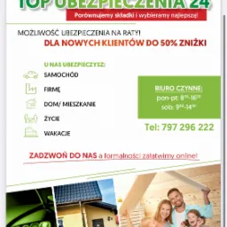 Plakat reklamowy firmy ubezpieczeniowej z hasłem 'Top Ubezpieczenia 24', informacją o możliwości ubezpieczenia na raty i adres email lublin@topoz.pl.