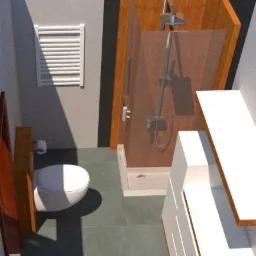 Wizualizacja łazienki z kabiną prysznicową typu walk-in, toaletą i grzejnikiem drabinkowym na szarej ścianie.