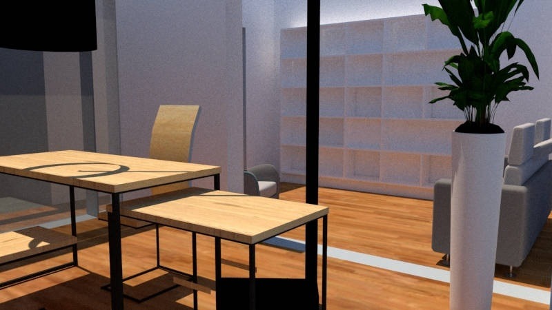 Wizualizacja biura z drewnianymi stołami na metalowych nogach, krzesłem o jasnym drewnianym oparciu, regałem w tle i rośliną w białej donicy.