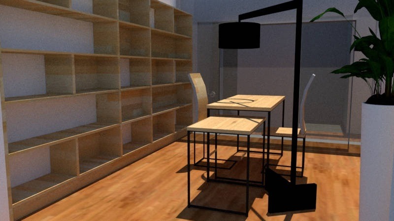 Wizualizacja biura z regałem na książki, stołami i krzesłami w minimalistycznym stylu, oświetlonym czarną lampą podłogową.