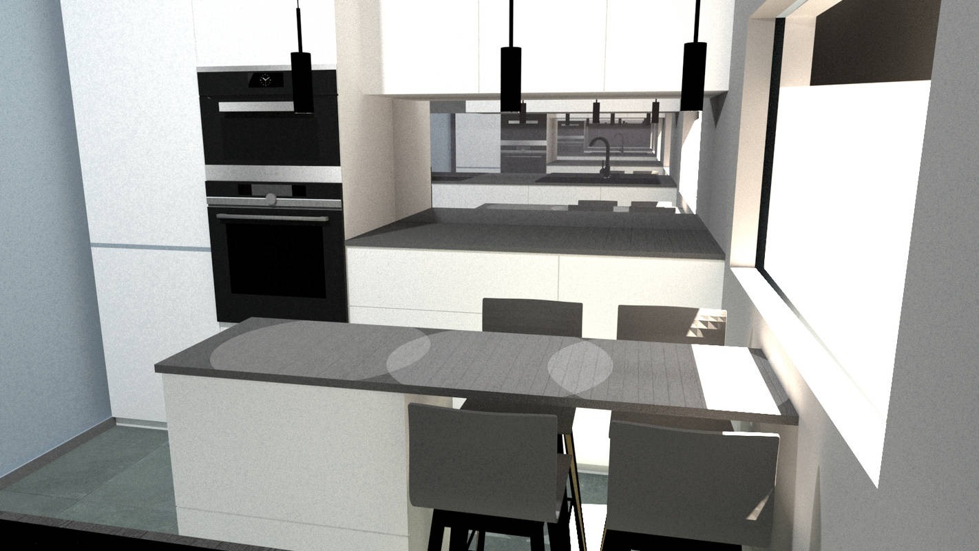 Wizualizacja nowoczesnej kuchni z białymi szafkami, czarnym piekarnikiem i płytą, szarym blatem i hokerami na tle okna wpadającego w jasne światło.