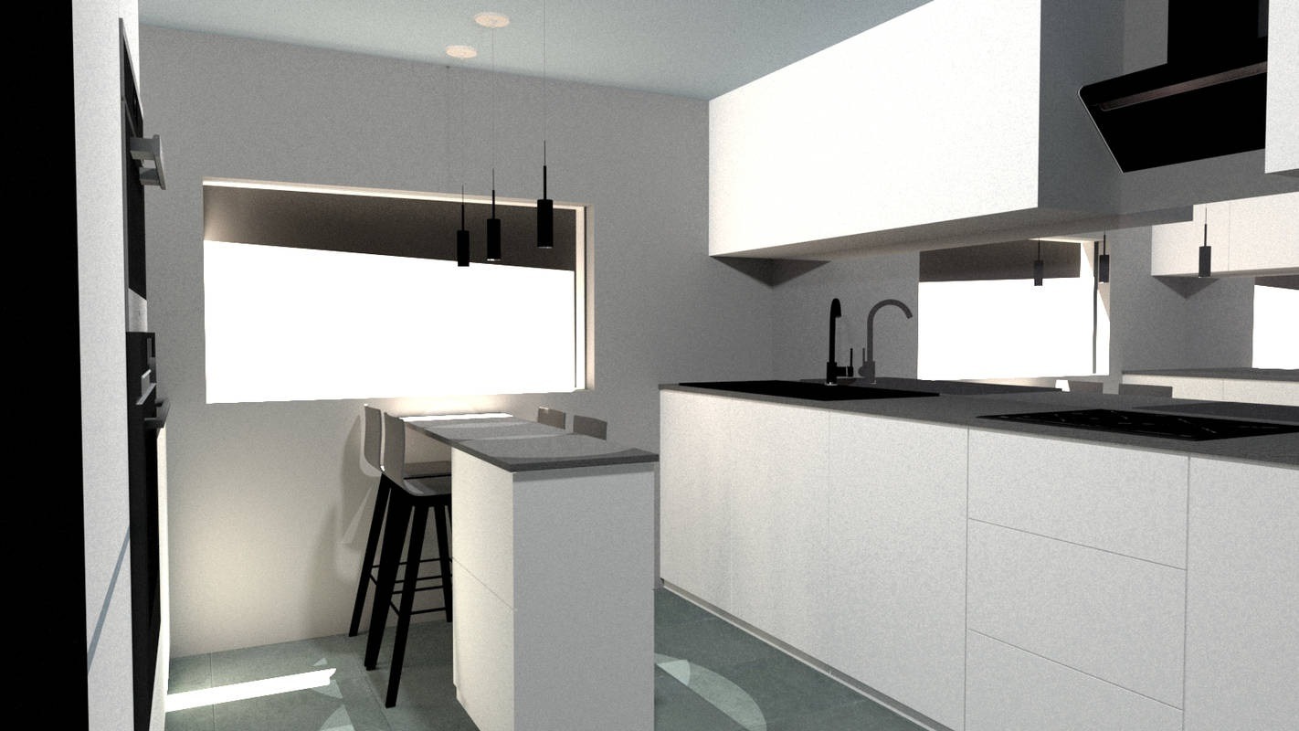 Minimalistyczna kuchnia z białymi frontami szafek, czarnym blatem i zlewozmywakiem, oświetlona trzema wiszącymi lampami nad barkiem z hokerami.