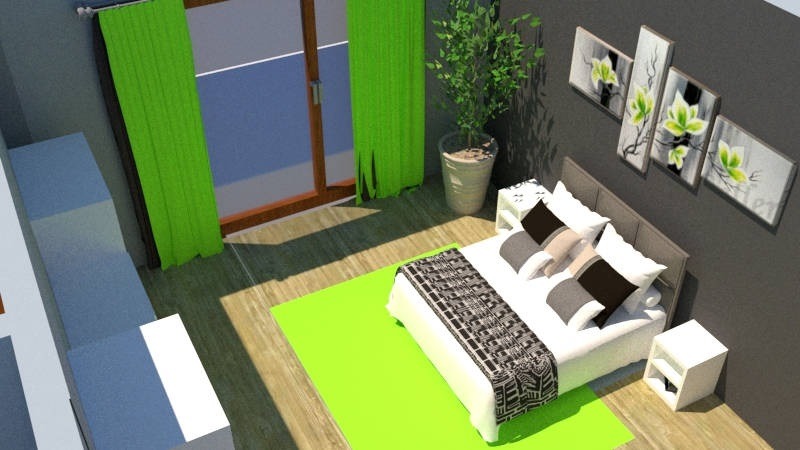 Wizualizacja sypialni z jasną, nowoczesną aranżacją: zielony dywan, zasłony w tym samym odcieniu, łóżko z dekoracyjną narzutą i poduszkami, obrazy z motywami roślinnymi na szarej ścianie, roślina...