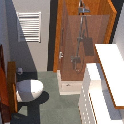 Wizualizacja łazienki z kabiną prysznicową typu walk-in, toaletą i grzejnikiem drabinkowym na szarej ścianie.