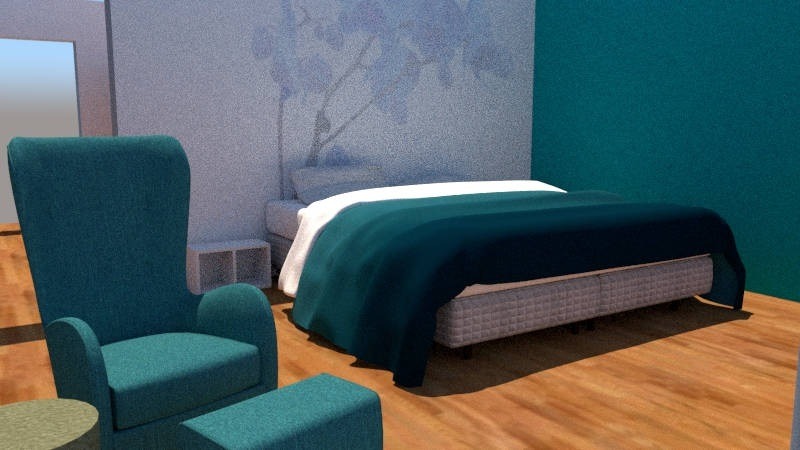 Turkusowy fotel uszak z podnóżkiem w sypialni z łóżkiem przykrytym zieloną narzutą, ściana z motywem roślinnym