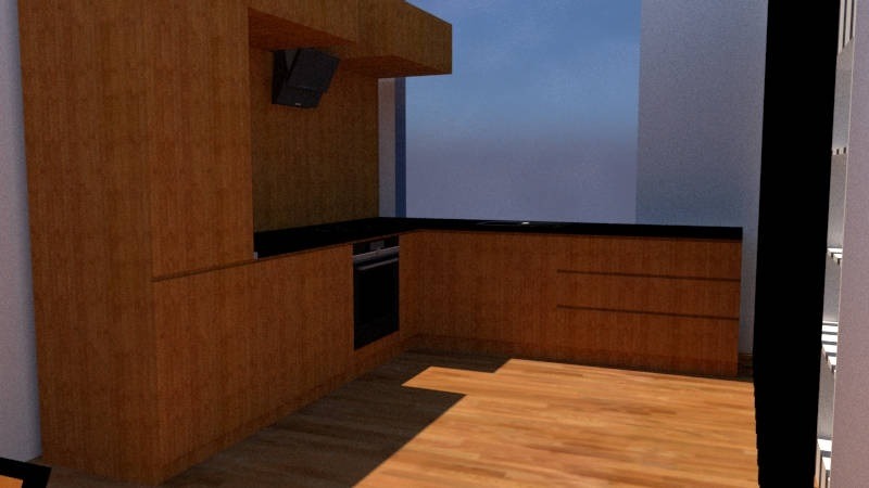 Wizualizacja kuchni z drewnianymi frontami, czarnym blatem i okapem, drewniana podłoga.