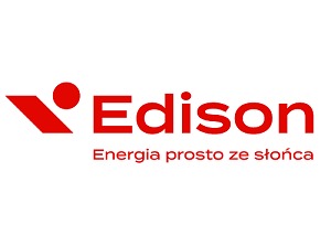 Czerwone logo firmy Edison Energia prosto ze słońca na białym tle.