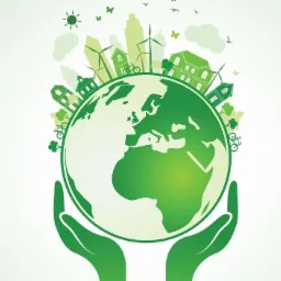 Grafika wektorowa przedstawiająca zieloną Ziemię otoczoną przez miniaturowe domy, drzewa, rowery i wiatraki, trzymaną w dłoniach, z motywami słońca, chmur i ptaków w tle.