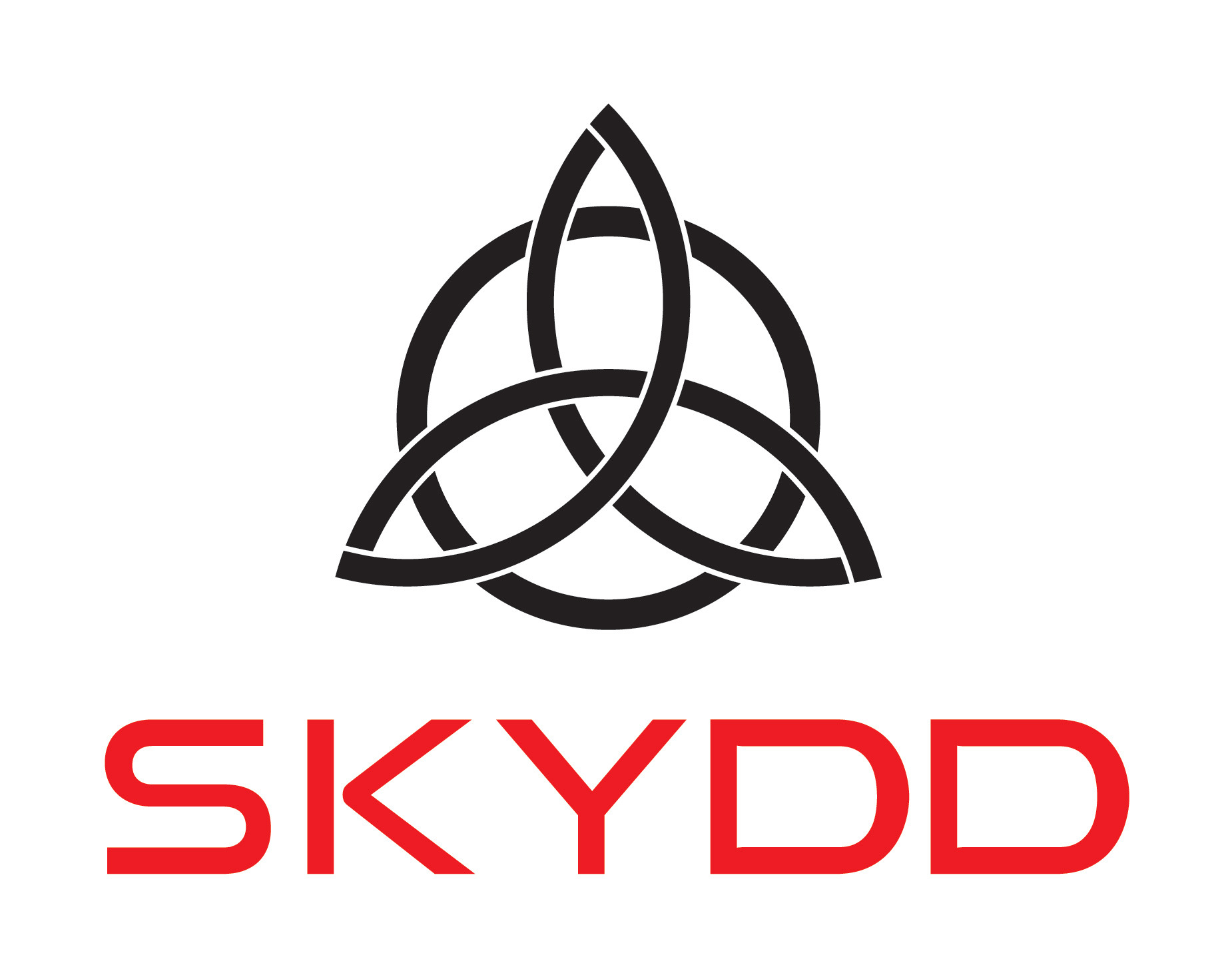 Logo firmy SKYDD z symbolem celtyckim nad nazwą, czerwone litery na białym tle.