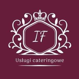 Logo firmy cateringowej IF na bordowym tle, z ozdobnym herbem i koroną.