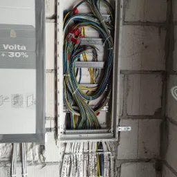 Rozdzielnica elektryczna w trakcie montażu w surowym wnętrzu, widoczne kable oznaczone etykietami, przytwierdzone do ściany z betonu komórkowego.