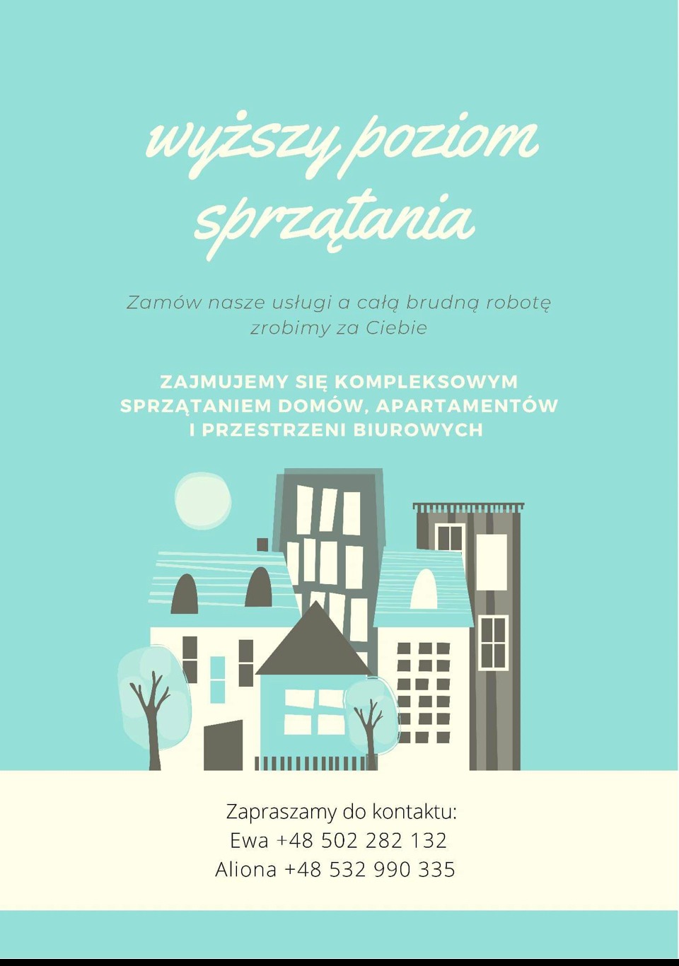 Grafika reklamowa usług sprzątania z rysunkową ilustracją budynków mieszkalnych i biurowych oraz danymi kontaktowymi firmy.