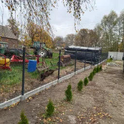 Nowo postawione ogrodzenie z siatki na betonowej podmurówce, widoczne traktory i zabudowania gospodarcze w tle, małe tuje posadzone wzdłuż ogrodzenia, jesienne liście na ziemi.