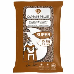 Brązowe opakowanie 15 kg pelletu drzewnego z nadrukiem postaci superbohatera i logotypem 'Captain Pellet'.