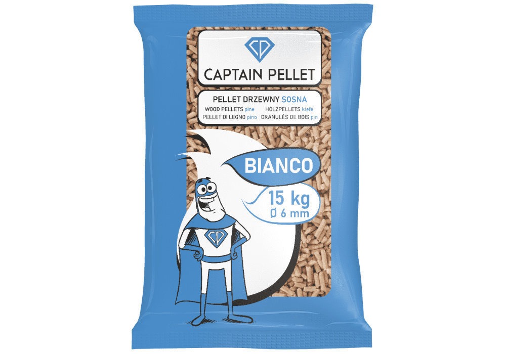 Niebieskie opakowanie 15 kg pelletu drzewnego sosnowego Captain Pellet Bianco z wizerunkiem kreskówkowego superbohatera.