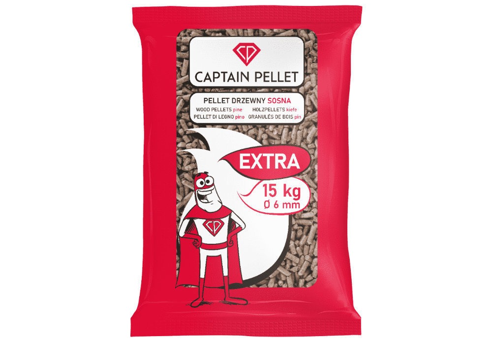 Czerwone opakowanie pelletu drzewnego sosnowego marki Captain Pellet, z wizerunkiem superbohatera i informacją o wadze 15 kg oraz średnicy 6 mm.