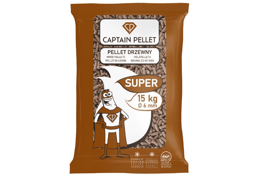 Brązowe opakowanie 15 kg pelletu drzewnego z nadrukiem postaci superbohatera i logotypem 'Captain Pellet'.
