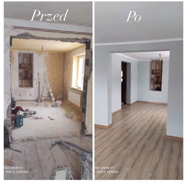 Porównanie stanu pokoju przed i po pracach: gołe ściany z resztkami tapet, bałagan i surowy stan podłogi kontra świeżo pomalowane ściany, drewniana podłoga i czyste wnętrze.