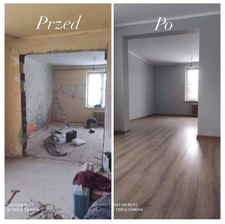 Porównanie stanu pokoju przed i po odświeżeniu w Opoczno: usunięte stare wykończenia i pomalowane ściany na szaro, nowa podłoga.
