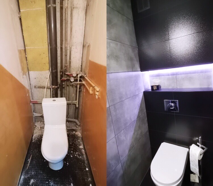 Porównanie toalety przed i po: surowy stan z widocznymi rurami i instalacjami kontra nowoczesne wykończenie z czarnymi i szarymi płytkami, podświetlaną wnęką i minimalistycznym designem.