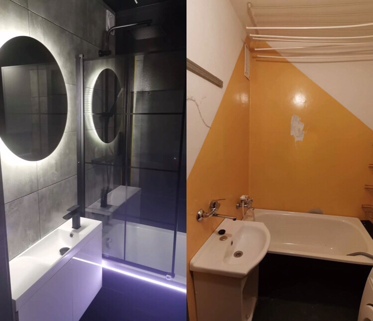 Kontrastowe ujęcie łazienki: po lewej stronie odnowiona przestrzeń z okrągłym, podświetlanym lustrem, szarą glazurą i kabiną prysznicową; po prawej stronie stara łazienka z żółto-białymi ścianami...