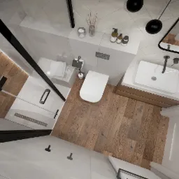 Nowoczesna łazienka z drewnianą podłogą, kabiną prysznicową z czarnymi ramami, białą ceramiką i minimalistycznym oświetleniem, widok z góry.