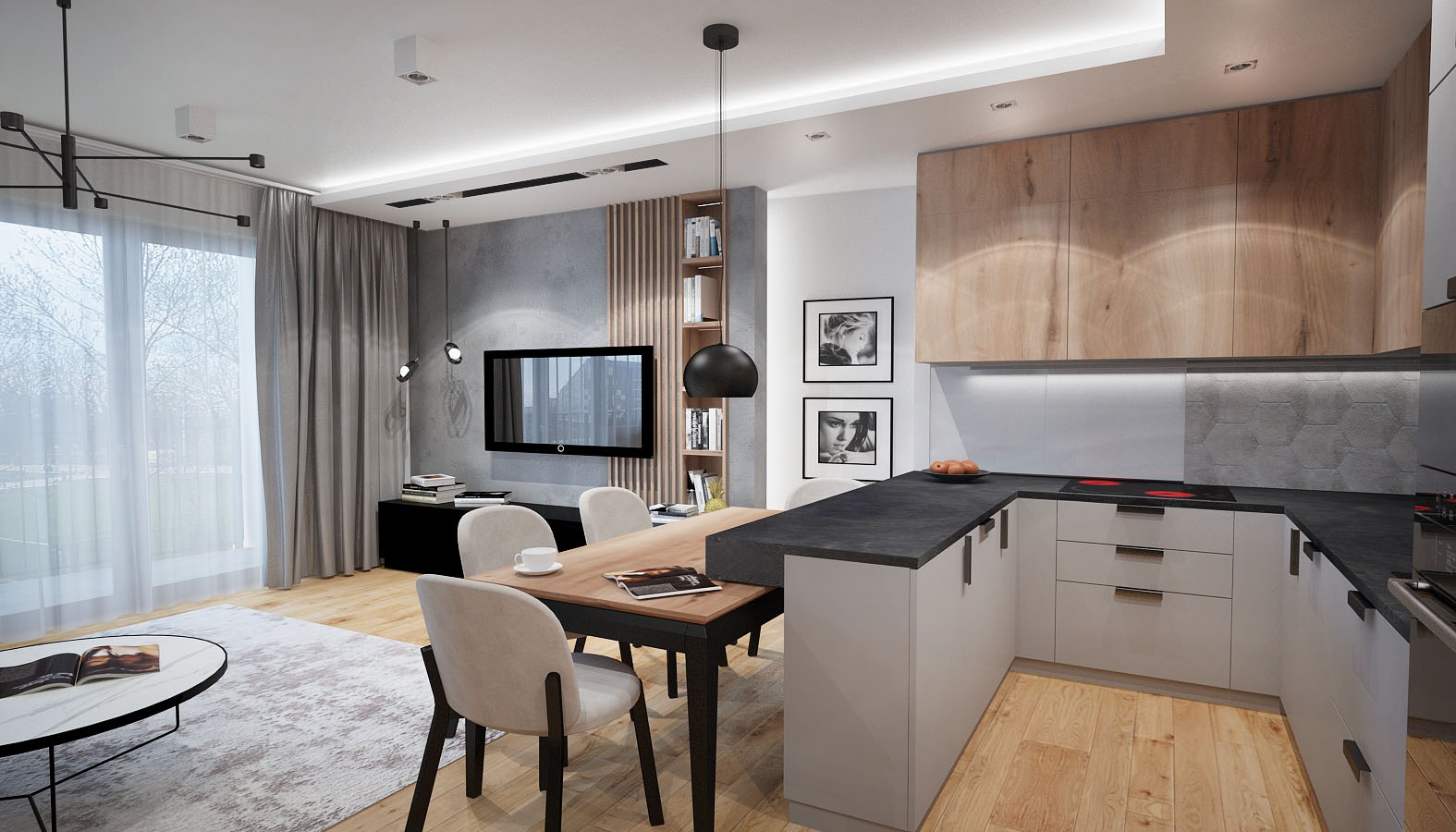 Wnętrze mieszkania z otwartą kuchnią, drewnianą podłogą, szarą ścianą z telewizorem i nowoczesnym oświetleniem, stół z krzesłami i książką.