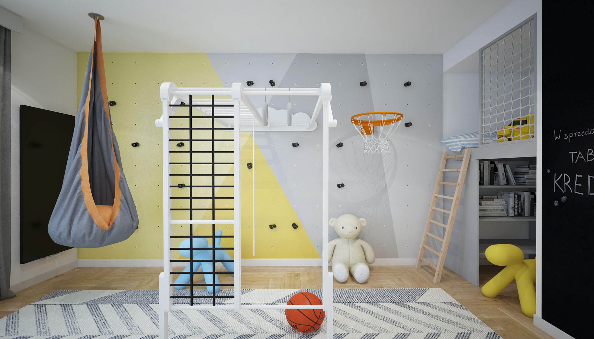 Pokój dziecięcy z drabinką gimnastyczną, ścianką wspinaczkową, huśtawką wiszącą, koszem do koszykówki i antresolą z łóżkiem, utrzymany w szaro-żółtej kolorystyce.