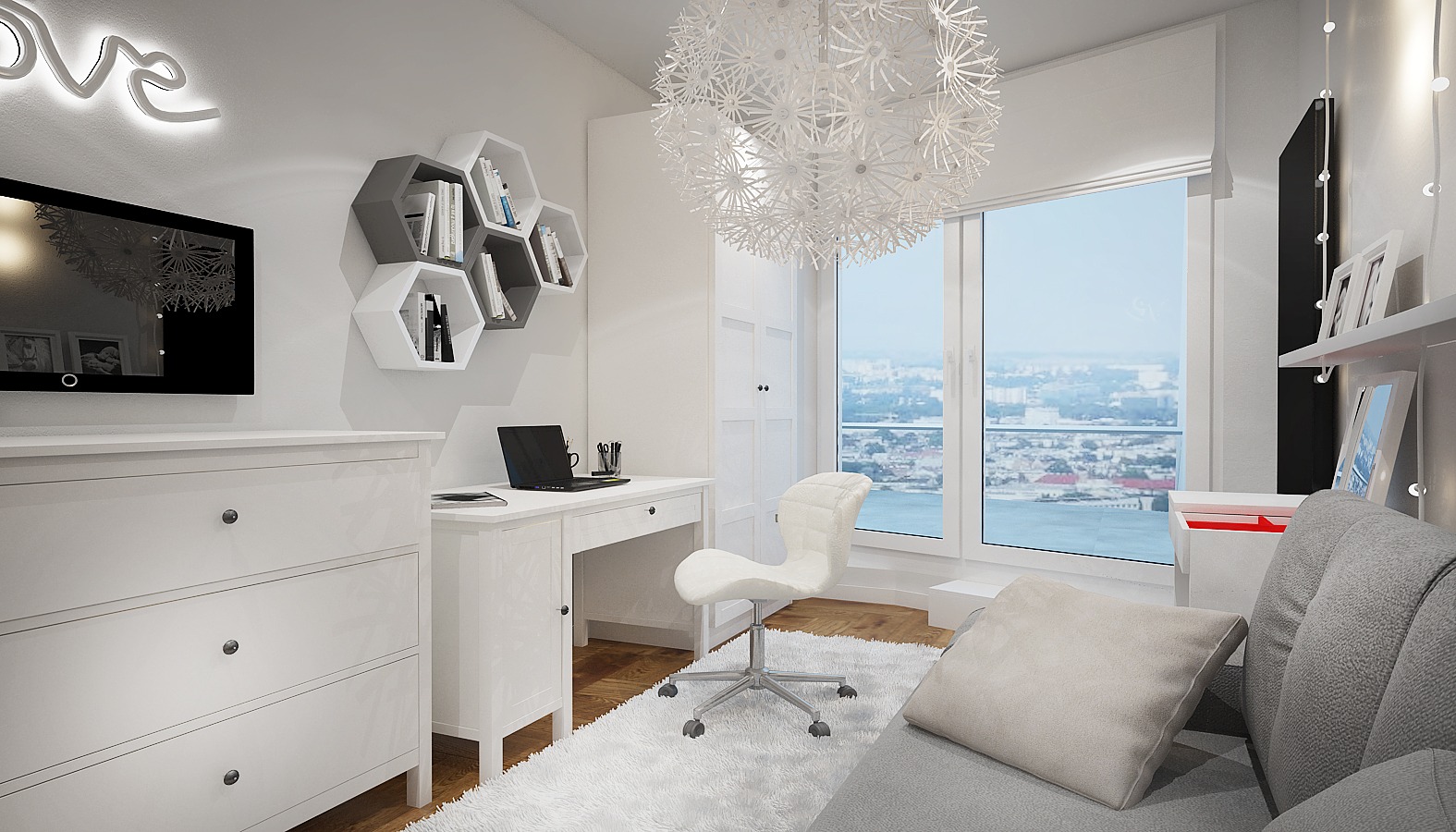 Jasne wnętrze pokoju z biurkiem, krzesłem, komodą i szarą sofą; na ścianie neon 'love' i półki w kształcie plastrów miodu.