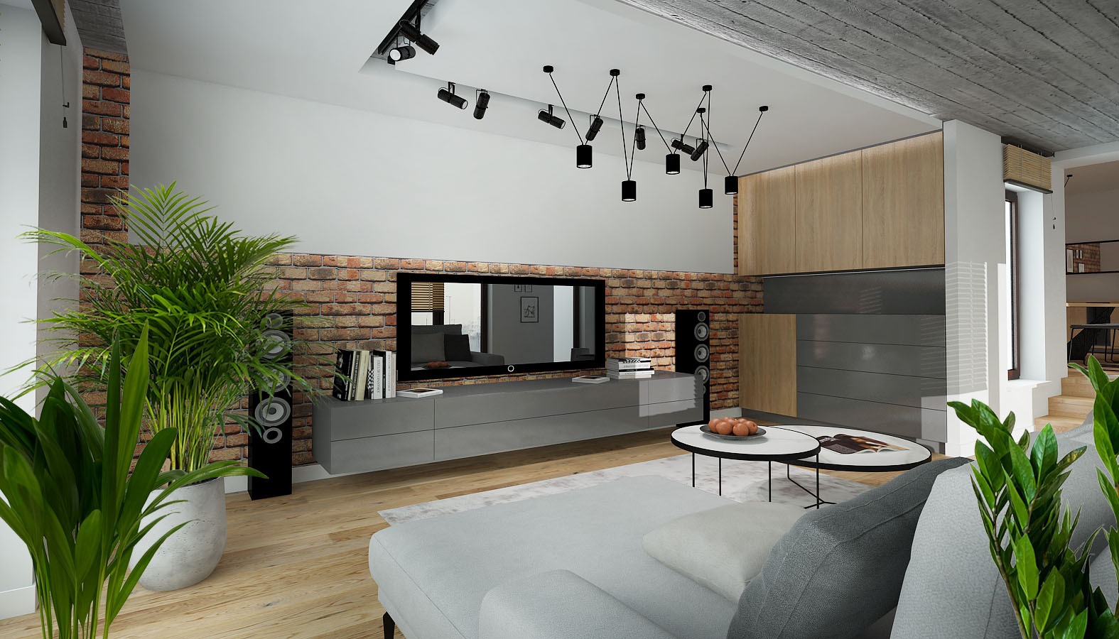 Nowoczesny salon z ceglaną ścianą, szarą sofą, drewnianą podłogą i oryginalnym oświetleniem punktowym.