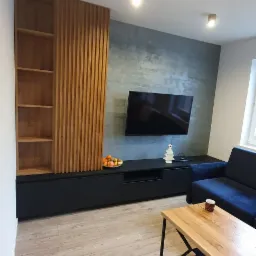 Nowoczesny salon z czarną szafką RTV, drewnianą ścianką działową z lamelami, otwartym regałem, szarą ścianą, telewizorem i drewnianym stolikiem kawowym na metalowych nogach.