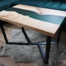 Stolik kawowy z blatem z jasnego drewna i żywicy epoksydowej w kolorze butelkowej zieleni, na czarnych, metalowych nogach, ustawiony na puszystym dywaniku.