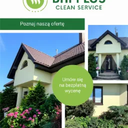 Reklama firmy BHPPLUS Clean Service prezentująca budynek z zadbanym ogrodem i elewacją, zachęcająca do skorzystania z bezpłatnej wyceny.