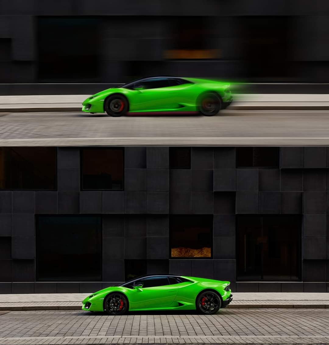 Zielone Lamborghini Huracan sfotografowane w dwóch ujęciach: dynamicznym w ruchu z efektem rozmycia i statycznym na tle nowoczesnej fasady budynku z czarnych, geometrycznych paneli.