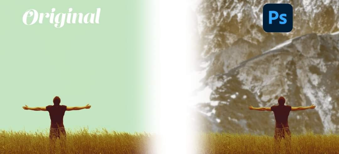 Porównanie zdjęcia przed i po obróbce w programie graficznym, z logiem Ps w prawym górnym rogu.